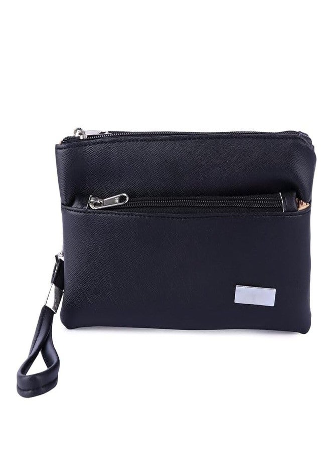 Dcozi Stylish Black PU Clutch Bag with Zipper and Detachable Wrist Strap for Women & Girls - Image 2
